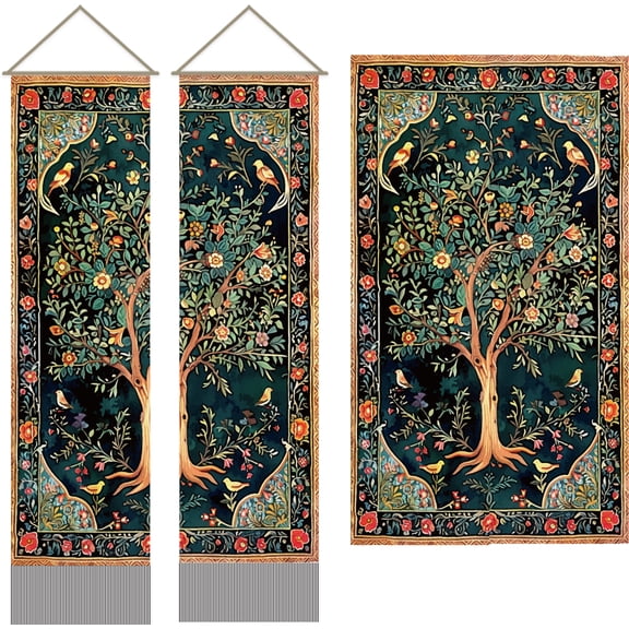 2Pcs Tree of Life Tapestry Tree and Bird Long Vertical Tapestry Wall Hanging Tree of Life Tassel Wall Tapestry Mystic