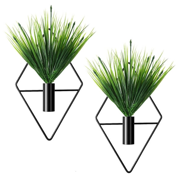 2Pcs Triangle and Rhombus Shapes Metal Hanging Planters Vase with Artificial Aquatic Plants Geometric Wall Decor Indoor Plants Holder for Home Living Room Porch Office（2PCS, Black）