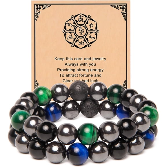 2Pcs Triple Protection Healing Bracelets for Men-10mm Black Obsidian Hematite Lava Beads Tiger Eye Bracelets Men-Gifts for Men Dad Son Boyfriend Christmas Birthday