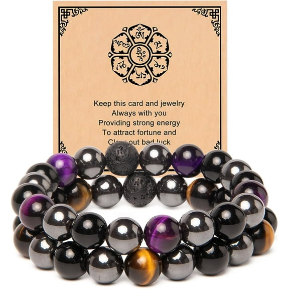 2Pcs Triple Protection Healing Bracelets for Men-10mm Black Obsidian Hematite Lava Beads Tiger Eye Bracelets Men-Gifts for Men Dad Son Boyfriend Christmas Birthday