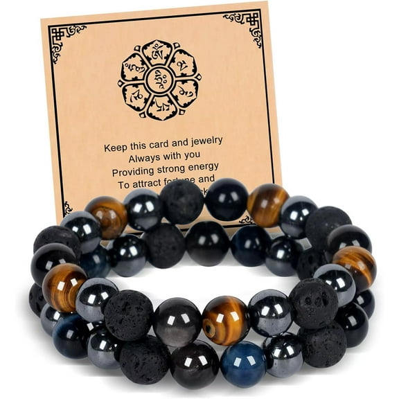 2Pcs Triple Protection Healing Bracelets for Men-10mm Black Obsidian Hematite Lava Beads Tiger Eye Bracelets Men-Gifts for Men Dad Son Boyfriend Christmas Birthday