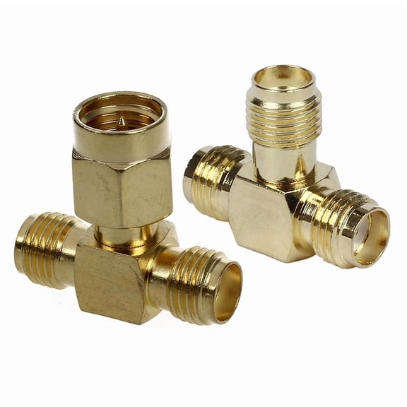 2Pcs Triple T Adapter Connector 3 Way Splitter : 1Pcs SMa Female To Two SMa Female & 1Pcs SMa Male To Two SMa Female,Gold