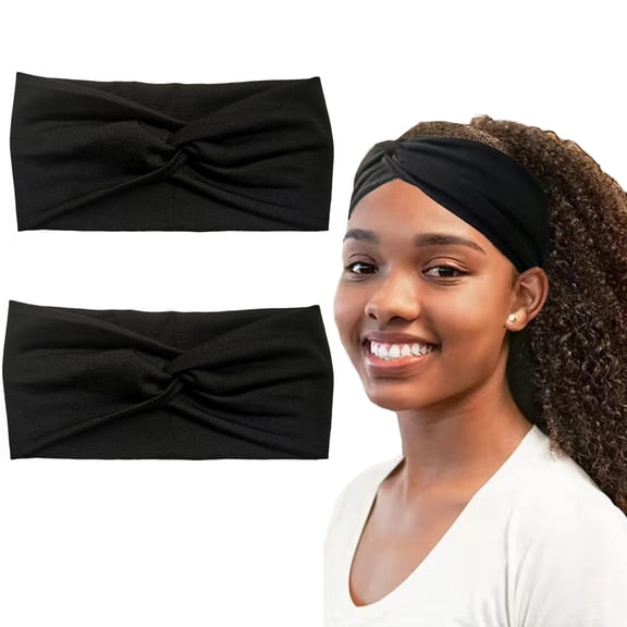 2Pcs Turban Headbands for Women Boho Stretchy Fashion Headbands Fabric Twist Knotted Cloth Cute Thick Headband Head Wraps for Womens Girls Black