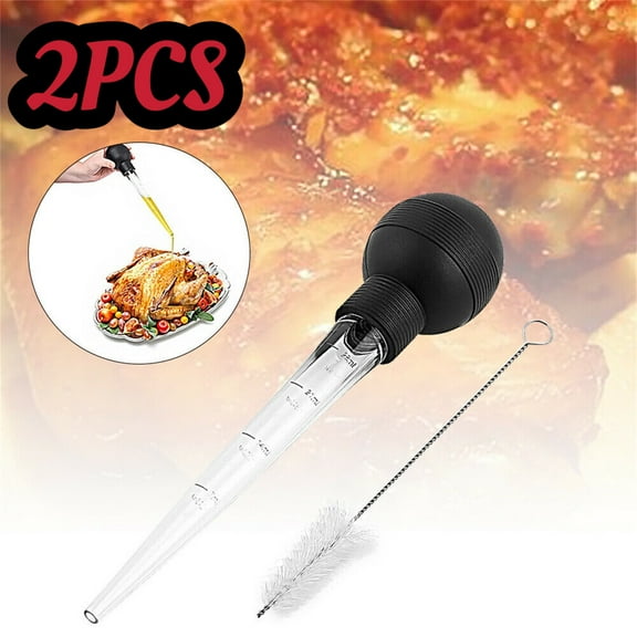 2Pcs Turkey Baster Food Grade for Cooking & Basting, Detachable Round Bulb, Baster Cooking Good for Meat Poultry Beef Chicken, with Cleaning brush, inject needle