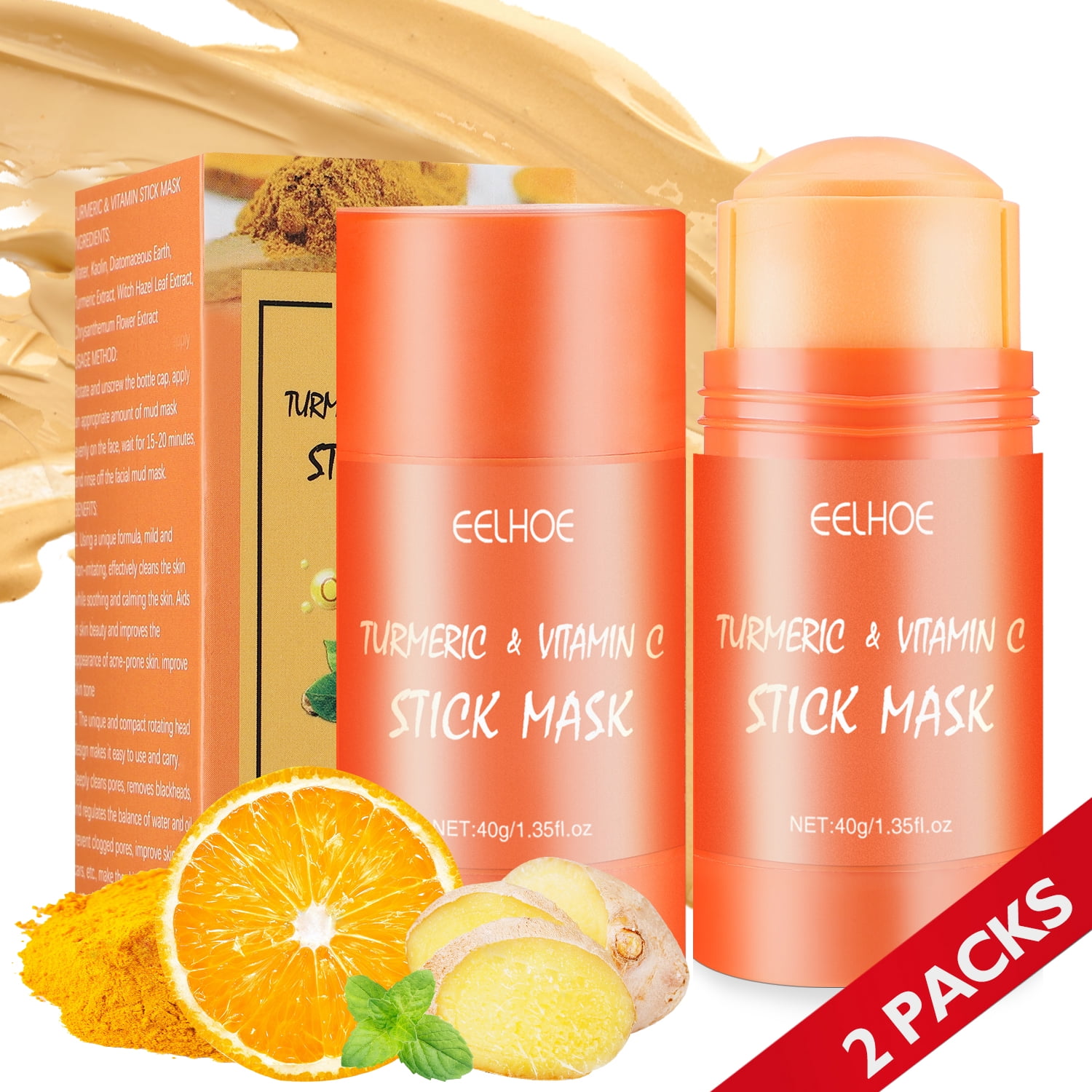2Pcs Turmeric Mask Stick, Vitamin C Clay Face Mask Stick Reduce Acne