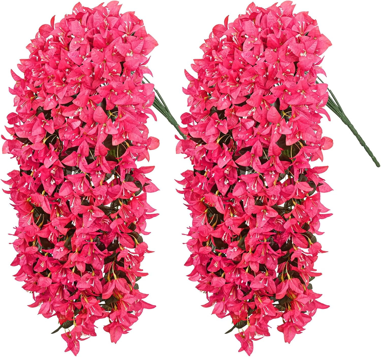 2Pcs UV Resistant Artificial Flowers for Outdoors, Realistic Faux Silk Bougainvillea Flowers, Fake Hanging Plants for Porch Patio Balcony Decoration (Purple)