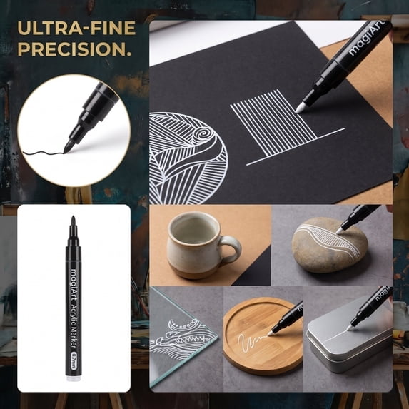 2Pcs Ultra Fine 0.7mm Black Acrylic Paint Marker, Permanent Paint Pen for Rock Art, Ceramic, Glass, Wood, Canvas, Black Paper, DIY Craft Projects