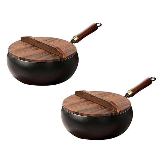 2Pcs Uncoated Thick Japanese Cookware 9.5 In Multifunctional Non Stick Wok With Lid & Non-Stick Pan