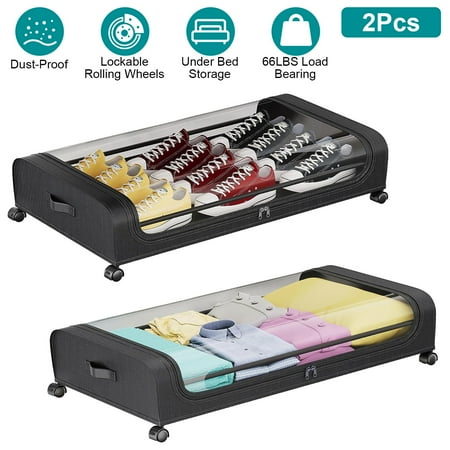 2Pcs Under Bed Organization Containers w/ Lockable Wheel Bedroom Storage w/ Handle