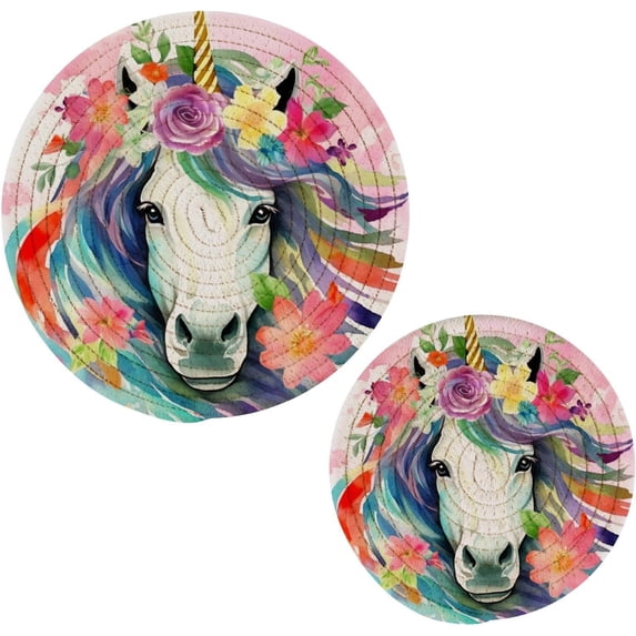2Pcs Unicorn Watercolor Pot Holders, Round Cotton Thread Weave Trivets Pot Holders Set for Pot, Bowl, Hot Dishes, Plates, Coasters Home Decor Gifts