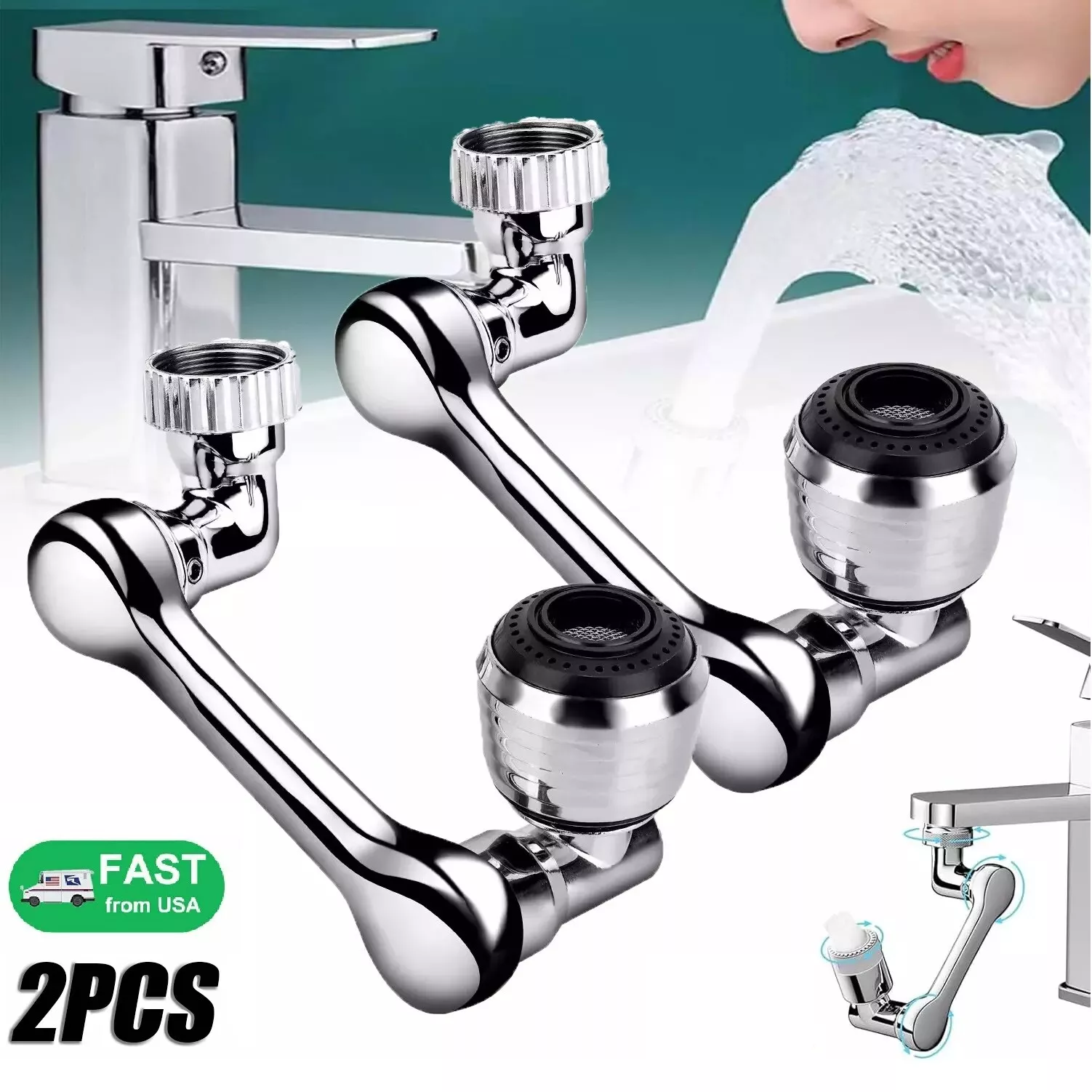2Pcs Universal 1080° Swivel Extension Kitchen Faucet Aerator Rotate Robotic Arm