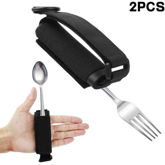2Pcs Universal Cuff Adaptive Utensils Holder Elderly Adults Eating Assistance Handicap Utensils Spoon Fork Gripping Strap Eating Hand Cuff Holding Cutlery for Disabled Individuals with Weak Grip
