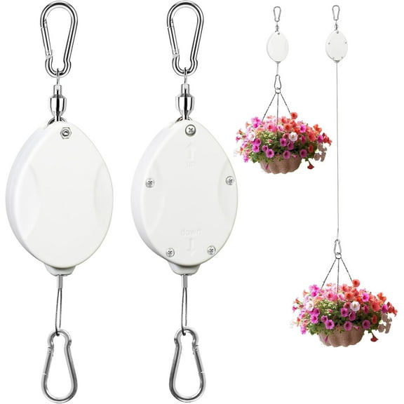 2Pcs Upgraded Heavy Duty Retractable Plant Hanger,Plant Pulleys for Hanging Plants,Easy to Raise and Lower,Auto Lock,Adjustable Hook for Garden Baskets Pots,Birds Feeder and Wind Chime,White