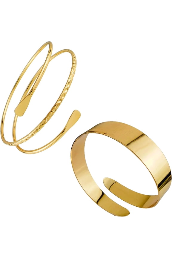 2Pcs Upper Arm Bracelet Cuff Bangle Minimalist Gold Metal Coil Arm Cuff Bracelets for Women Girls Irregular Wave Chunky Cuff Bangle Armband Statement Party Jewelry