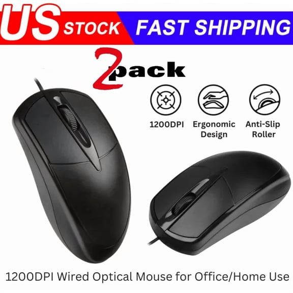 2Pcs Usb 2.0 Optical Wired Scroll Wheel Mouse Pc Laptop Notebook Desktop Black