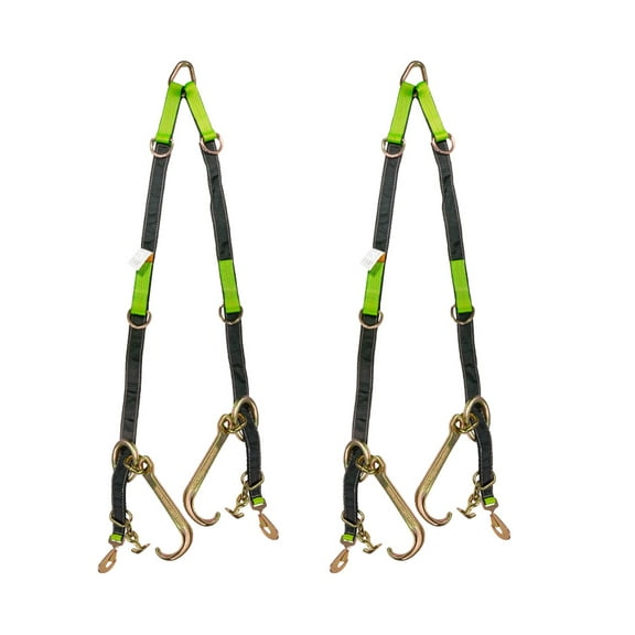 2Pcs V Bridle Tow Strap w/ Snap Hook, 15" J-Hooks, & T-J Hook - 3333lbs WLL, Leg Size-36"-48" High Abrasion Recovery V Strap w/ D Ring Middle Towing Equipment for Car Hauler & Rollback