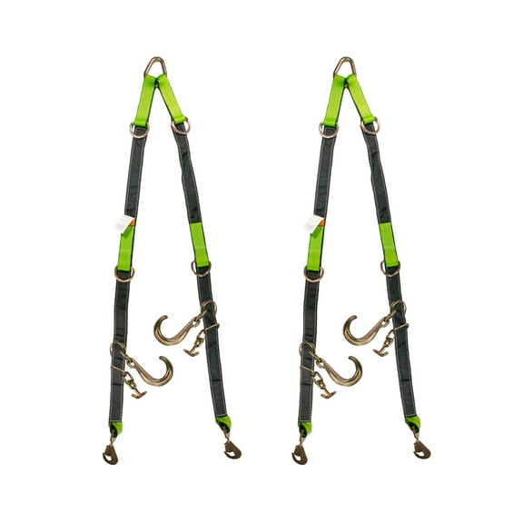 2Pcs V Bridle Tow Strap w/ Snap Hook, 8" J-Hooks, & T-J Hook - 3333 lbs WLL, Leg Size-36"-48" High Abrasion Recovery V Strap w/ D Ring Middle Towing Equipment for Car Hauler & Rollback