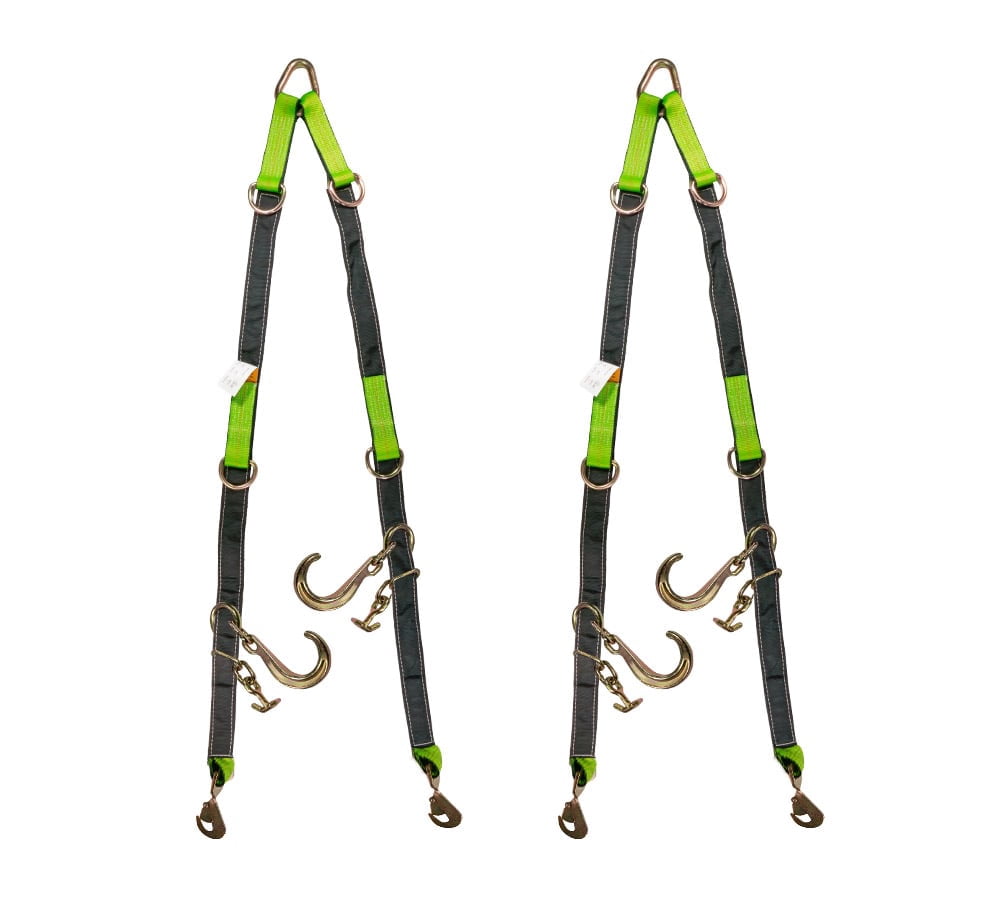 2Pcs V Bridle Tow Strap w/ Snap Hook, 8" J-Hooks, & T-J Hook - 3333 lbs WLL, Leg Size-36"-48" High Abrasion Recovery V Strap w/ D Ring Middle Towing Equipment for Car Hauler & Rollback