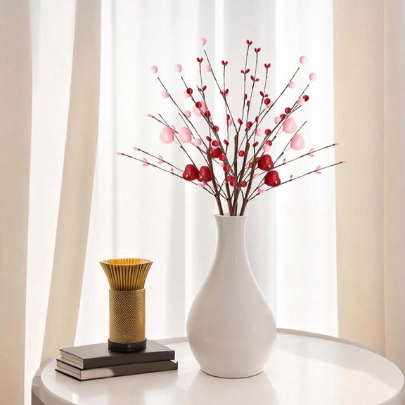 2Pcs Valentine's Day Heart Shaped Berry Spray Decor – Office Desk Decor & Cafe Table Decor, Flexible Stem Decor, Plastic Berry for Desk Organizer and Workspace Decoration Styling