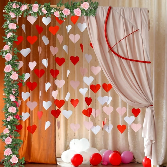 2Pcs Valentine's Day Rose Vine Garland, 90.5 Inch Artificial Flower Decor, Plastic Romantic Wedding Party Wall Hanging, Long Lasting Fake Roses for Mantel Tabletop Decoration, Gift for Couples