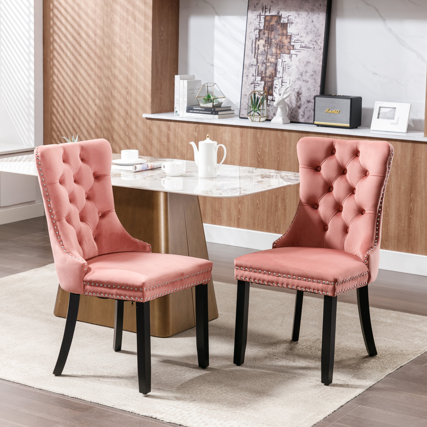 2Pcs Velvet Upholstered Dining Chairs, Modern Highend Tufted Dining Chairs with Wood Legs