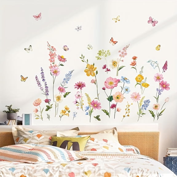 2Pcs Vibrant Spring Floral Wall Decals - Daisies, Wildflowers & Butterflies, Removable Self-Adhesive PVC Wall Stickers, Glossy Finish Rustic Charm Decor for Bedroom, Living Room, Home Office