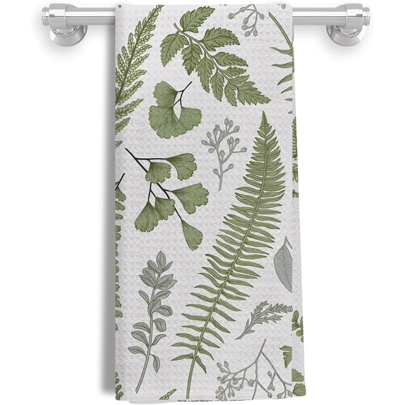 2Pcs Vintage Botanical Kitchen Towels, Dark Green Fern Leaf Herbs Dish Towels, Olive Hand Towels for Bathroom, Kitchen Decor, 16x24 Inches