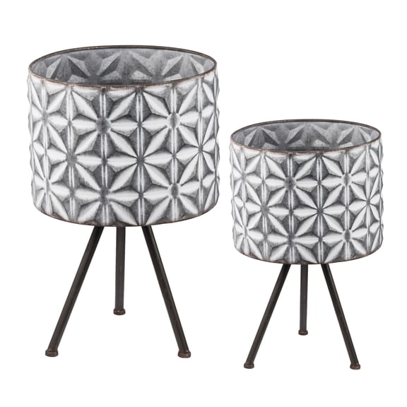 2Pcs Vintage Embossed Metal Planters with Tripod Stands, Indoor Outdoor Iron Plant Pots, Modern Farmhouse Style, 12" & 10" Sizes