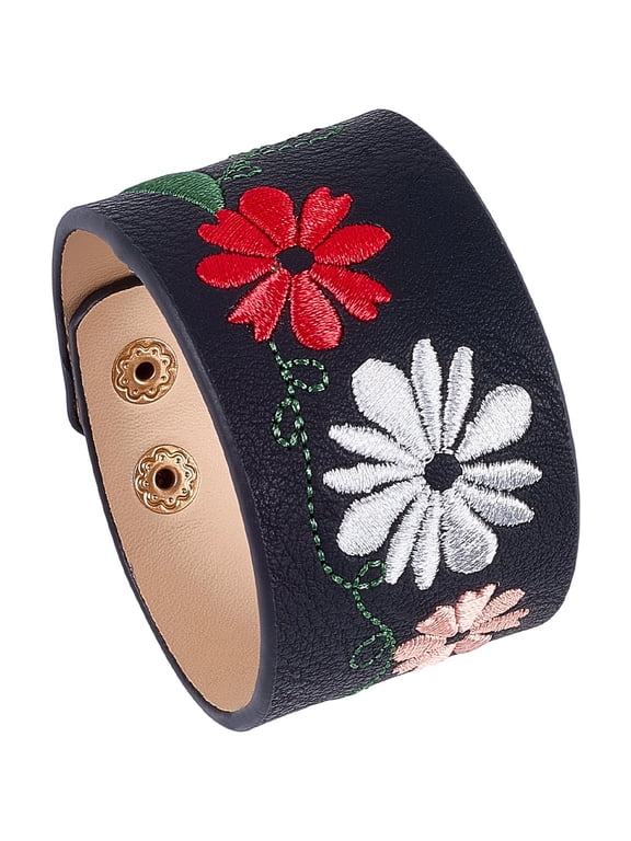 2Pcs Vintage Embroidery Floral Leather Bracelets Snap Punk Cuff Leathers Rope With Iron Button Wide Flower Wristband Jewelry Black