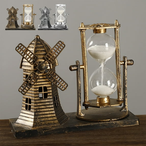2Pcs Vintage Hourglass Decor under $5! Kadlawus Vintage Hourglass Windmill Decor, Metal Tabletop Ornament with Rotating Timer, Desktop Shelf Mantel Decoration, Nostalgic Home Office Centerpiece