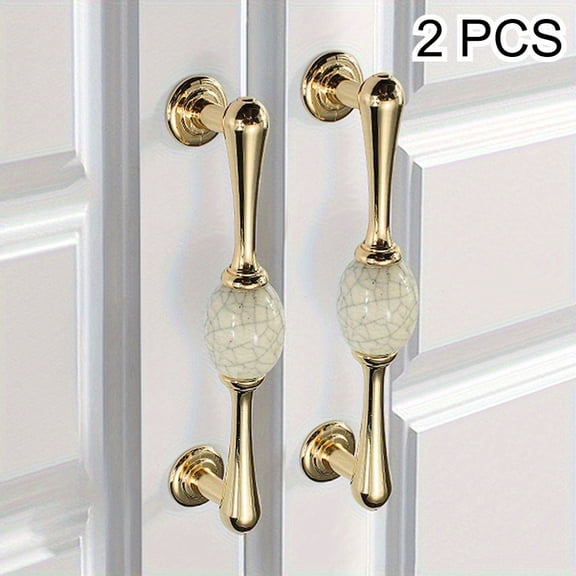2Pcs Vintage Kitchen Cabinet Handles, White Cabinet Pulls, White Drawer Pulls, Golden Brushed Zinc Crackled Glass Knobs, Matte White Finish, For Kitchen Cabinets And Drawers, Modern Style