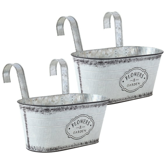 2Pcs Vintage Metal Suspended Flower Pot with 2 Hooks Rustic Iron Wall Mounted Planter for Railing Fence Garden Ornamentation