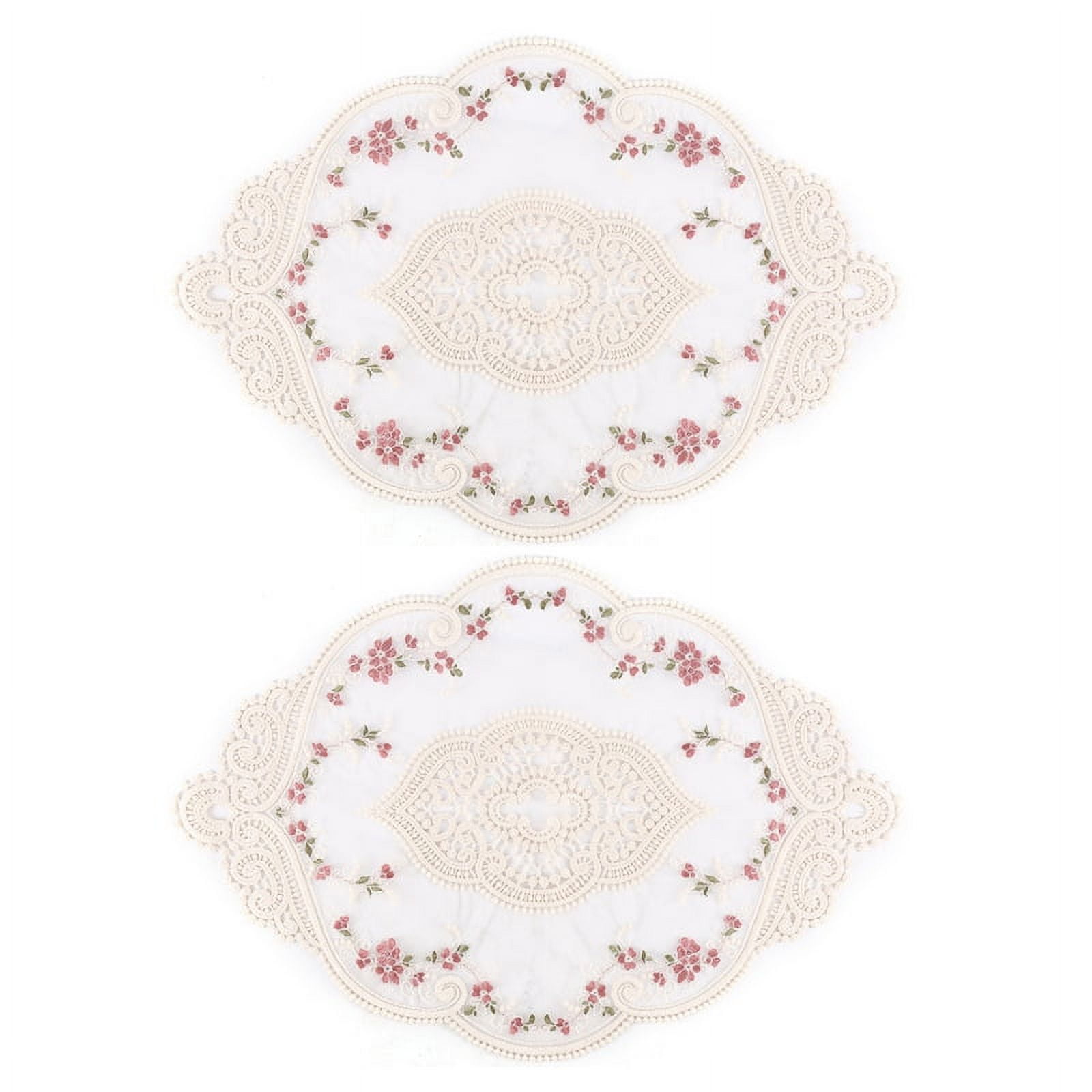 2Pcs Vintage Oval Lace Table Placemats Exquisite Flower Embroidered