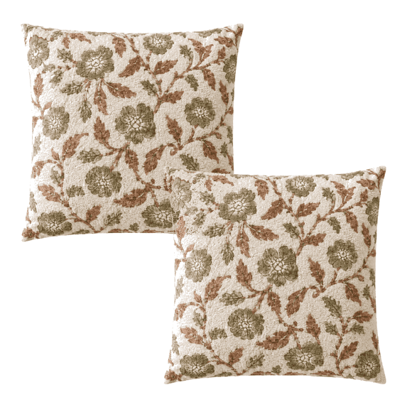 2Pcs Vintage Pillow Covers, Green Brown Floral Print Throw Pillows, Antique Flower Pillowcases, Outdoor Accent Decorative Cushion Covers - 18''X18''