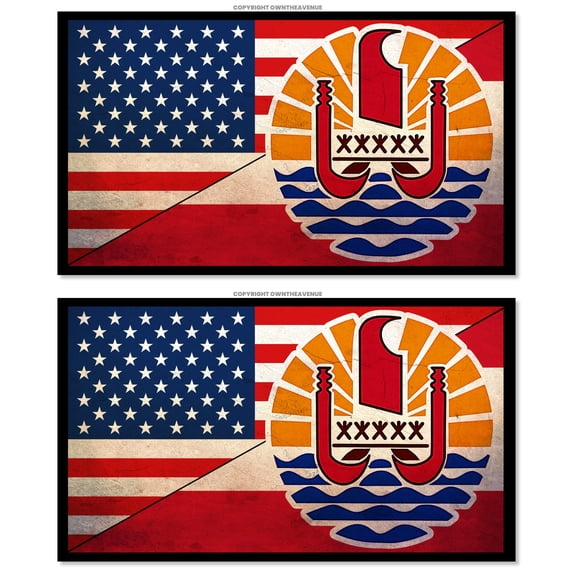 2Pcs Vintage Style USA American French Polynesia Flag Tahiti Sticker Decal 3.75"