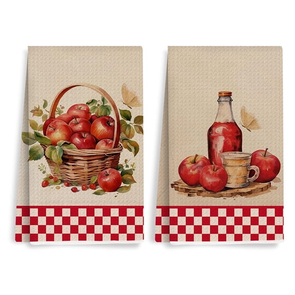 2Pcs Vintage Watercolor Apple in Basket Kitchen Towels 28x16 Inch, Rustic Apple Juice Butterfly Absorbent Polyester Dish Cloth Tea Towel, Hand Towels for Kitchen Home Farmhouse