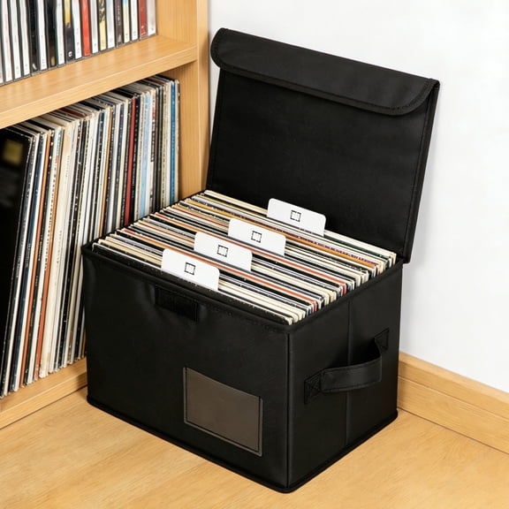 2Pcs Vinyl Record Storage Box with Handle Heavy Duty Oxford Cloth Album Storage Case with Clear Window Foldable Waterproof Vinyl Record Organizer for Book Clothes Toy