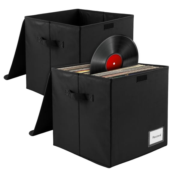 2Pcs Vinyl Record Storage Box with Handles & Label Slot, Foldable Waterproof LP Album Organizer Bin for 12 Inch Records Closet Storage
