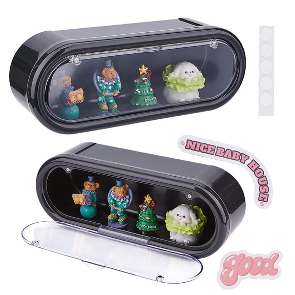 2Pcs Wall Mounted Figures Display Case 30x9.5x11.5cm Rectangle Plastic Display Box Black Dustproof Showcases with Carabiner and Stickers