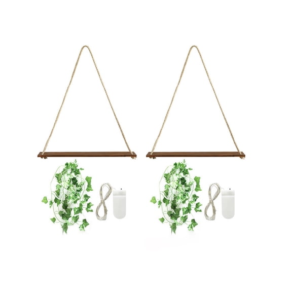 2Pcs Wall Mounted Floating Shelves with LED String Lights Artificial Ivy Vine for Bedroom Living Room Home Decor 42.5cm