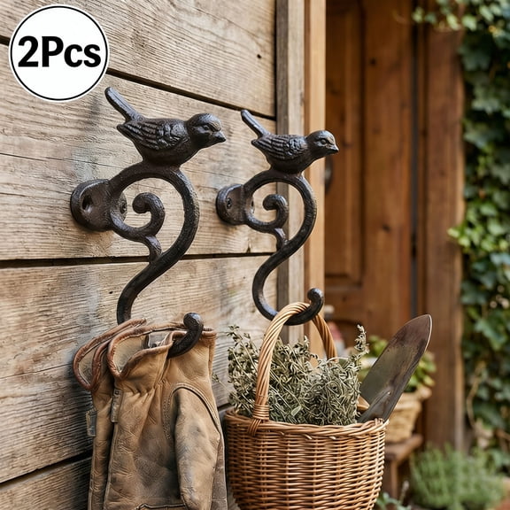 2Pcs Wall-Mounted Flower Basket Hook with Cast Iron Bird Decoration,Cast Iron Plant Hanger,Country Wall Mounted Hooks for Garden Patio Balcony Hanging Planter Lantern Holder