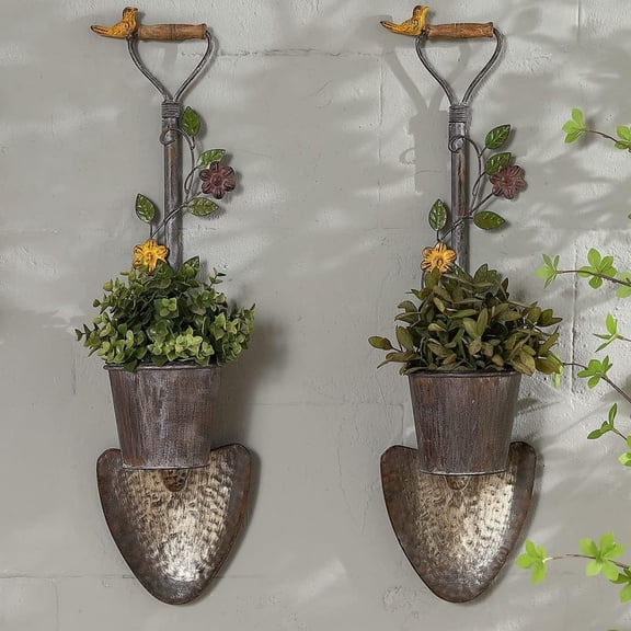 2Pcs Wall Mounted Planter Farmhouse Outdoor Wall Decor-Rustic Garden Shovel Tool Planters