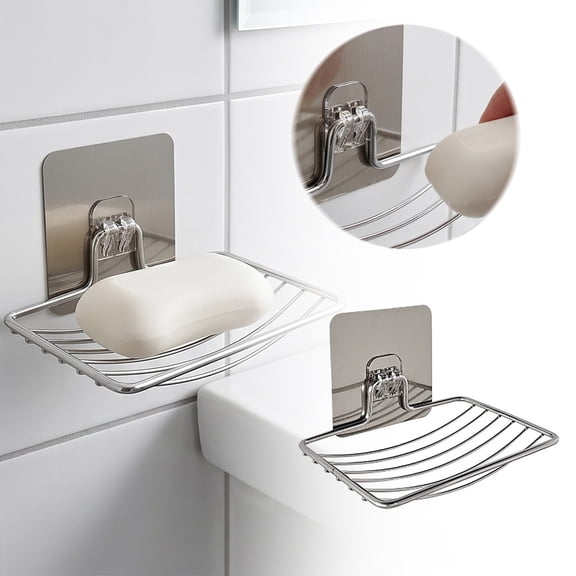 2Pcs Wall-Mounted Soap Box 1Pc - No Drilling Stainless Steel Soap Holder with Drainage Design, Adhesive installation for Bathroom & Kitchen, Creative Soap Storage Solution