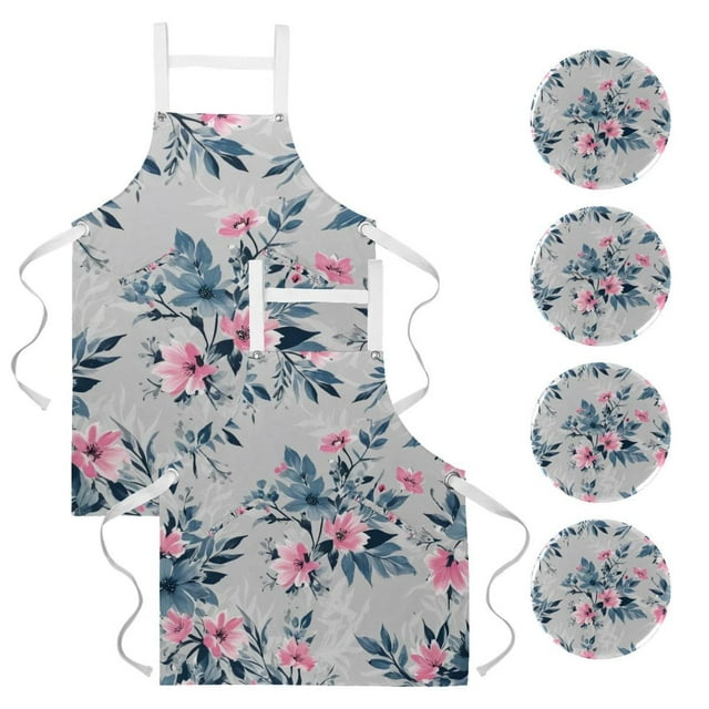 2Pcs Watercolor Pink Flower Versatile Aprons Set Kitchen, Baking