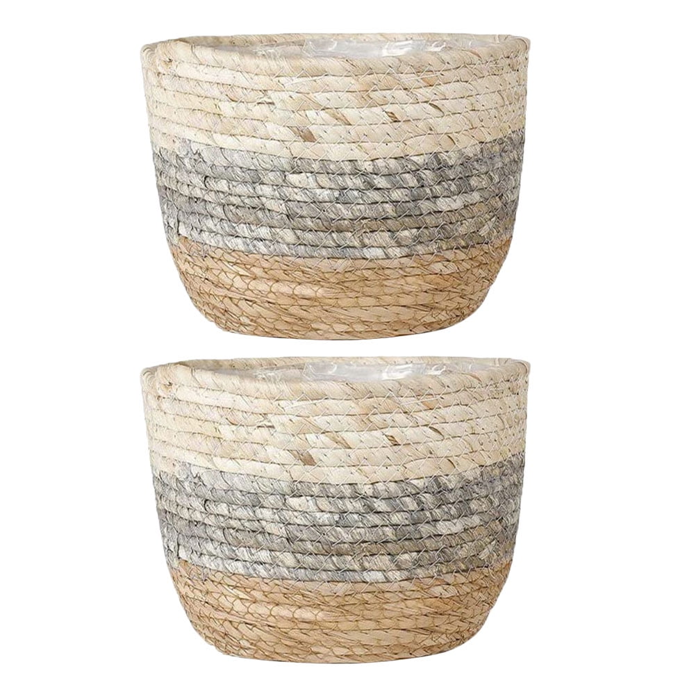 2Pcs Weaving Straw Flower Baskets Plant Container Woven Baskets