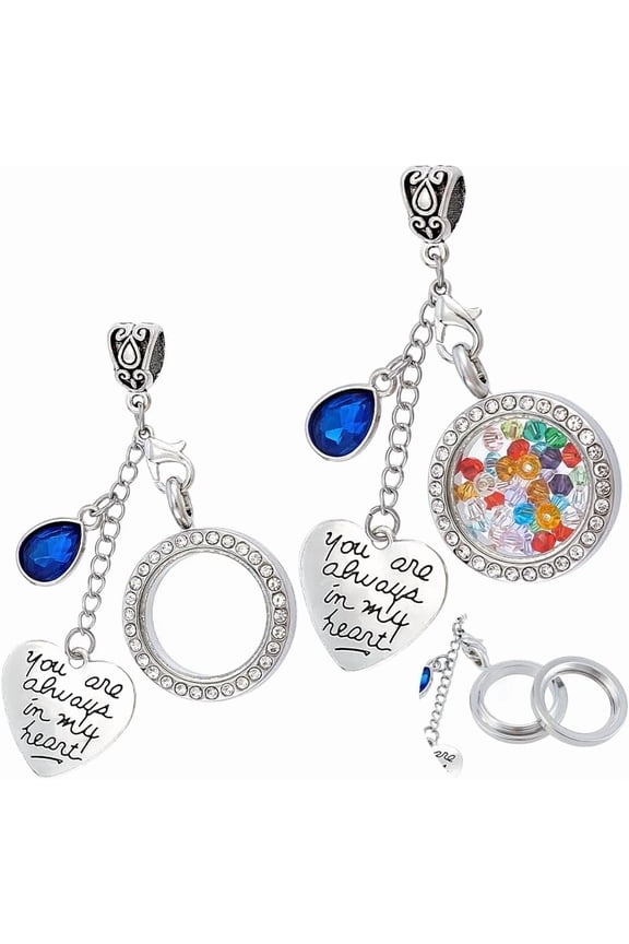 2Pcs Wedding Bouquet Locket Charm Flat Round Memory Locket Key Chain Rhinestone Photo Charm Keychain with Heart Charm Silver Metal Charms for Jewelry Making Accessories DIY
