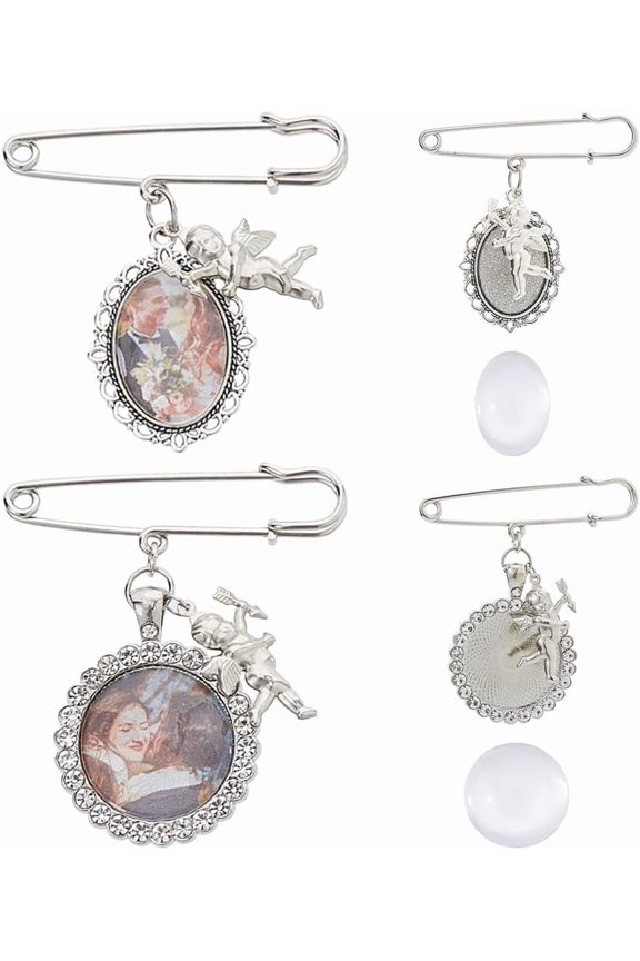 2Pcs Wedding Bouquet Photo Charms DIY Pin Brooch Making Kit Oval Blank Brooches Pins Silver Wedding Bouquet Picture Frame Charms Iron Glass Dome for DIY handcrafting