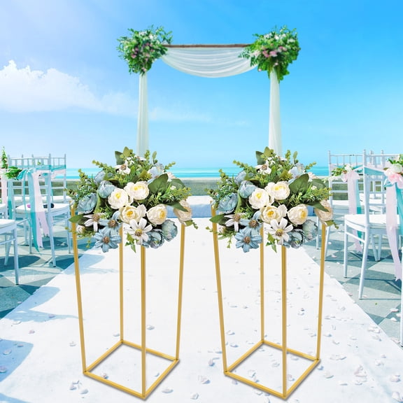 2Pcs Wedding Flower Stand Gold Metal Rack Anniversary Birthday Party Backdrop Decor Arrangement Road Lead Column Cube Shape