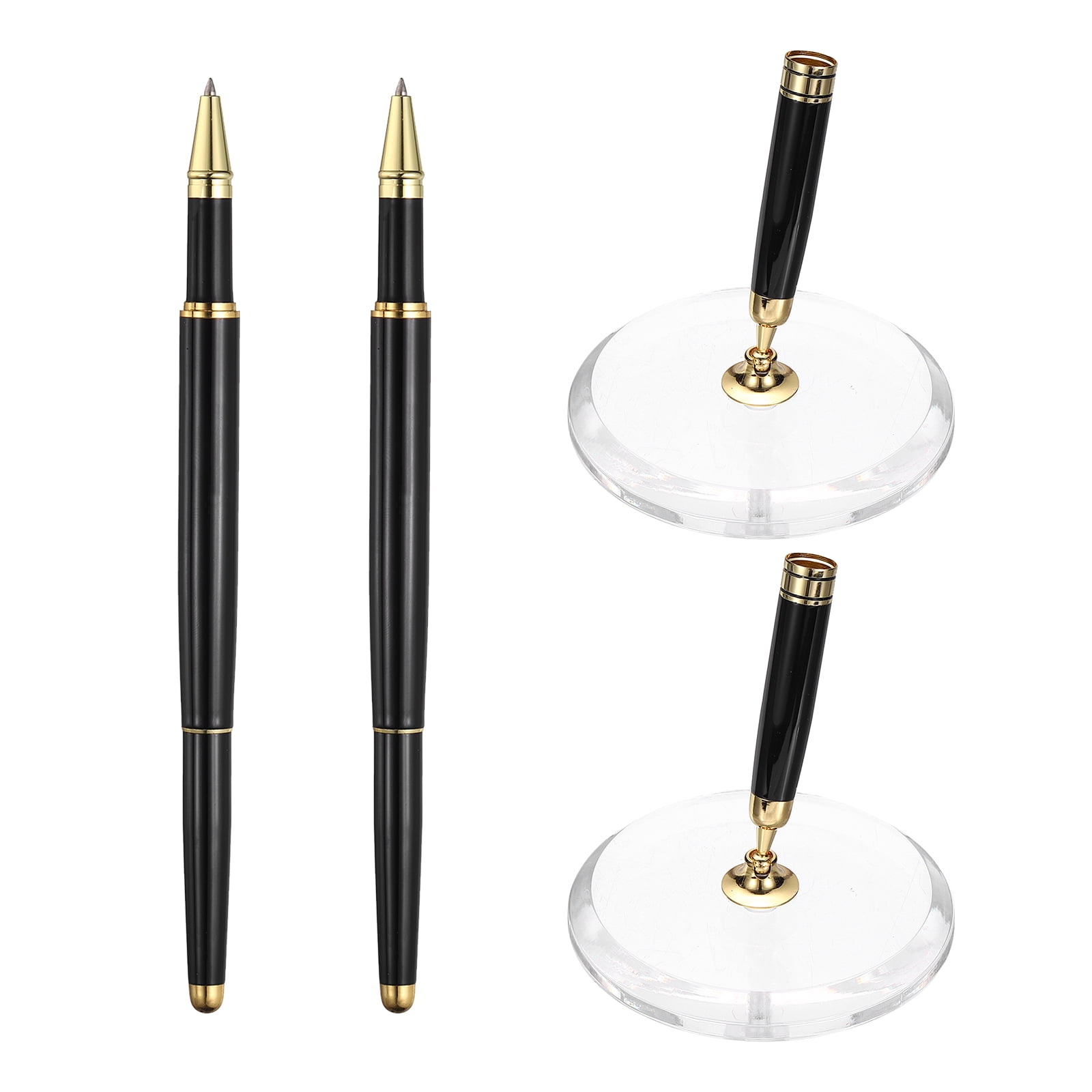 2Pcs Wedding Pens, Guest Book Pen Set with Acrylic Round Base Stand for Wedding Reception Guest Sign in Ceremony Engagement, Black Gold
