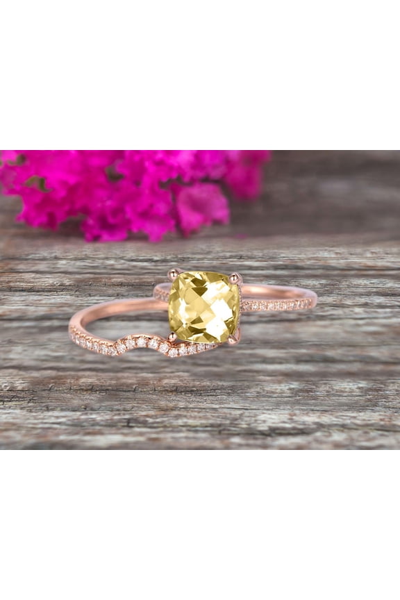 2Pcs Wedding Ring Set 7mm Cushion Cut 2.30 Carat Champagne Diamond Moissanite Engagement Ring On 10k Rose gold Curved Wedding Band Personalized for Brides
